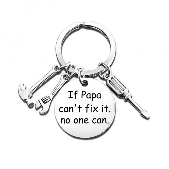 Picture of Keychain & Keyring Silver Tone Round Hammer Message " If Papa can't fix it. no one can. " 1 Piece