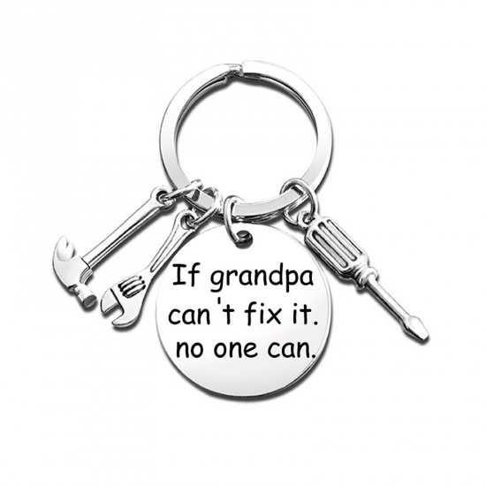 Picture of Keychain & Keyring Silver Tone Round Hammer Message " If grandpa can't fix it. no one can. " 1 Piece