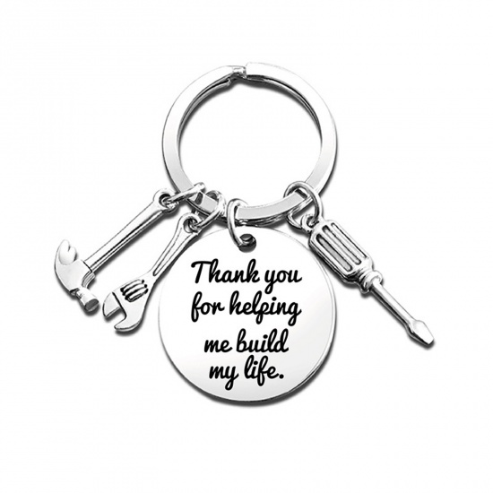 Picture of Keychain & Keyring Silver Tone Round Hammer Message " Thank you for helping me build my life " 1 Piece