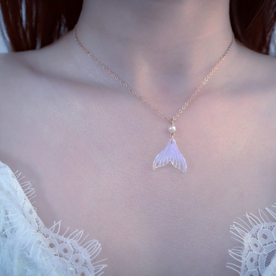 Picture of Acrylic Choker Necklace Gold Plated AB Color Fishtail Imitation Pearl 32cm(12 5/8") long, 1 Piece