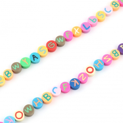 Bild von Polymer Clay Perlen rund in zufälliger Farbe Anfangsalphabet / Großbuchstabe Muster ca. 10 mm Durchmesser, Loch: ca. 1,7 mm, 50 Stück
