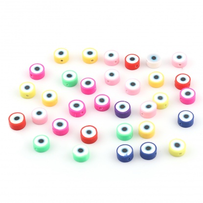 Bild von Religiöse Perlen aus Fimo rund in zufälliger Farbe Evil Eye Muster ca. 10 mm Durchmesser, Bohrung: ca. 2 mm, 50 Stück