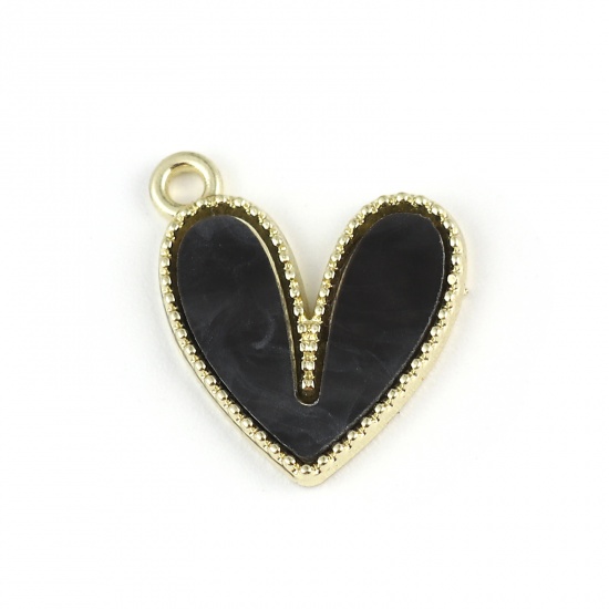Picture of Zinc Based Alloy & Acrylic Charms Heart Gold Plated Black 18mm x 15mm, 10 PCs