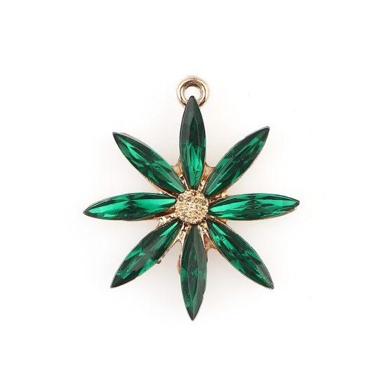 Picture of Zinc Based Alloy Charms Flower Gold Plated Green Cubic Zirconia 28mm x 26mm, 5 PCs