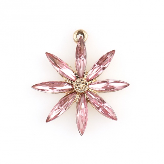 Picture of Zinc Based Alloy Charms Flower Gold Plated Pink Cubic Zirconia 28mm x 26mm, 5 PCs
