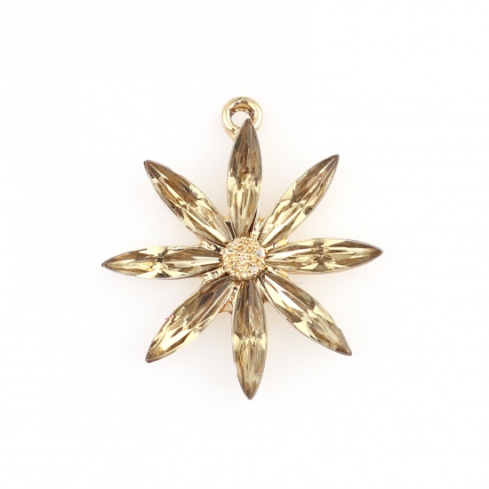Picture of Zinc Based Alloy Charms Flower Gold Plated Yellow Cubic Zirconia 28mm x 26mm, 5 PCs