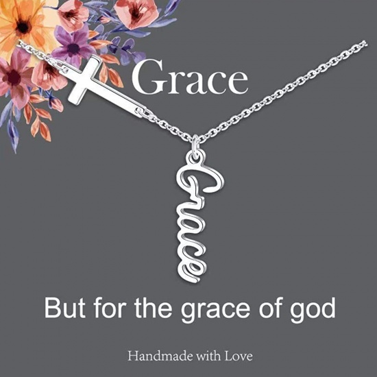 Picture of Stainless Steel Link Cable Chain Findings Necklace Silver Tone Cross Message " Grace " 45cm(17 6/8") long, 1 Piece