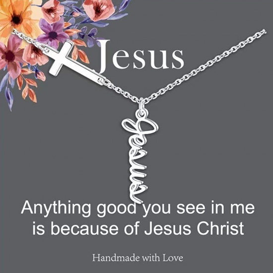 Picture of Stainless Steel Link Cable Chain Findings Necklace Silver Tone Cross Message " JESUS " 45cm(17 6/8") long, 1 Piece