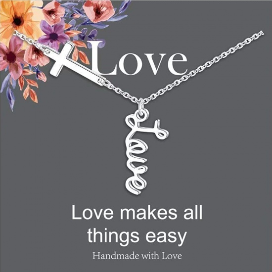 Picture of Stainless Steel Link Cable Chain Findings Necklace Silver Tone Cross Message " LOVE " 45cm(17 6/8") long, 1 Piece