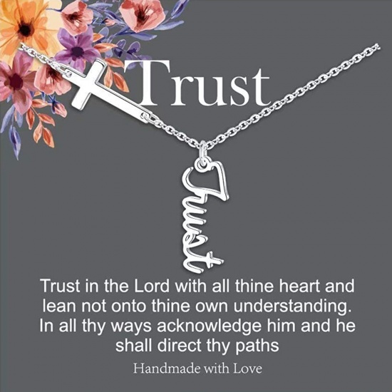Picture of Stainless Steel Link Cable Chain Findings Necklace Silver Tone Cross Message " Trust " 45cm(17 6/8") long, 1 Piece