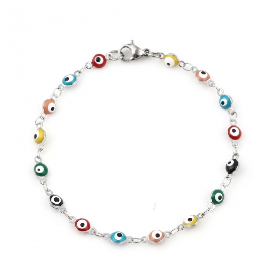 Picture of Stainless Steel Bracelets Silver Tone At Random Color Round Evil Eye Enamel 19.5cm(7 5/8") long, 1 Piece