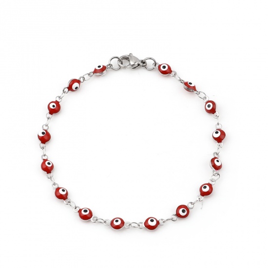 Picture of Stainless Steel Bracelets Silver Tone Red Round Evil Eye Enamel 19.5cm(7 5/8") long, 1 Piece