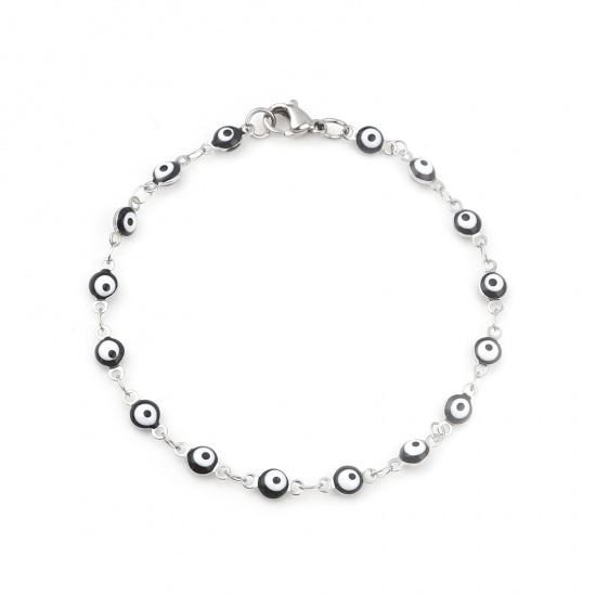 Picture of Stainless Steel Bracelets Silver Tone Black Round Evil Eye Enamel 19.5cm(7 5/8") long, 1 Piece
