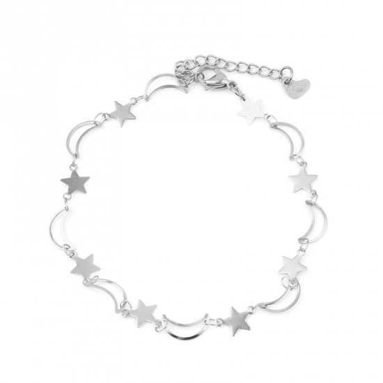 Picture of Stainless Steel Anklet Silver Tone Star Moon 22.5cm(8 7/8") long, 1 Piece