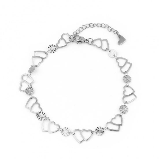 Picture of Stainless Steel Anklet Silver Tone Heart Round 23cm(9") long, 1 Piece