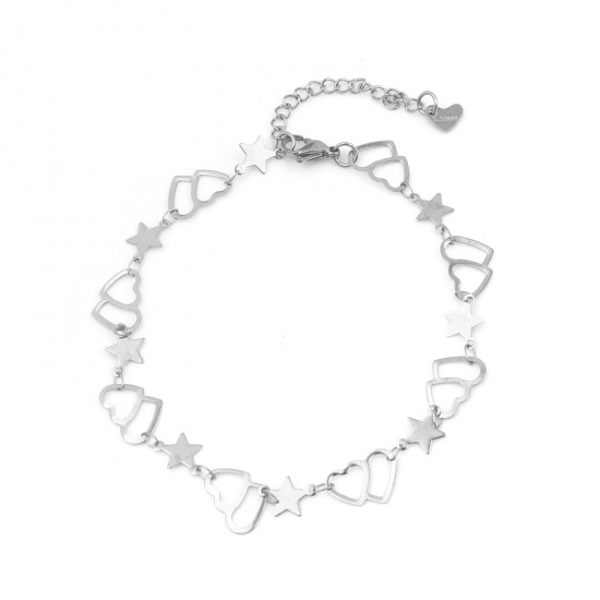 Picture of Stainless Steel Anklet Silver Tone Heart Star 22.5cm(8 7/8") long, 1 Piece