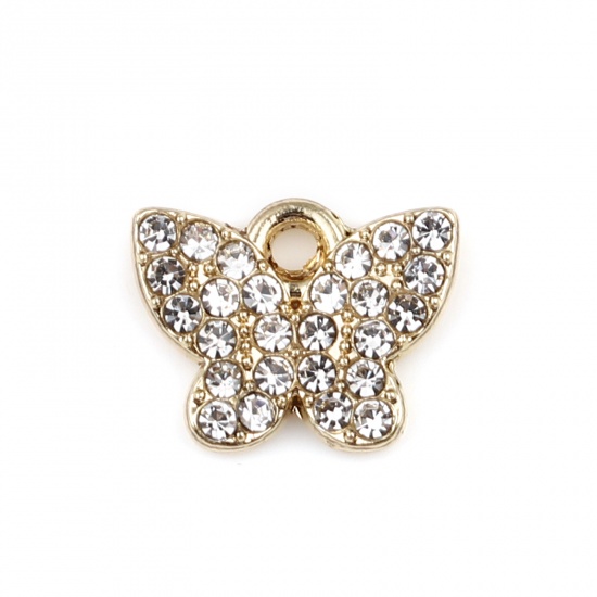 Picture of Zinc Based Alloy Insect Charms Butterfly Animal Gold Plated Micro Pave Clear Rhinestone 10mm x 8mm, 5 PCs