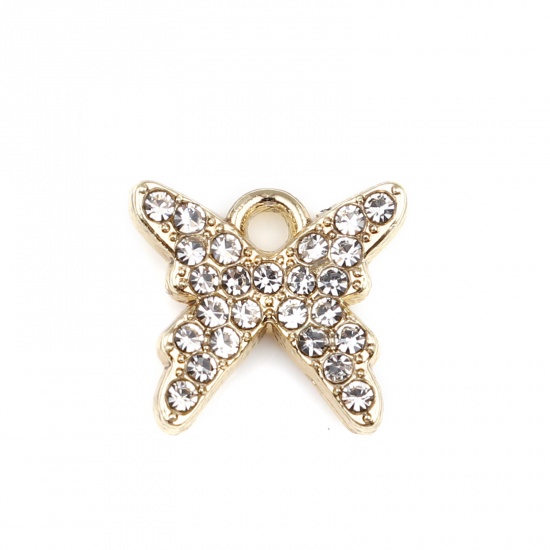 Picture of Zinc Based Alloy Insect Charms Butterfly Animal Gold Plated Micro Pave Clear Rhinestone 11mm x 10mm, 5 PCs
