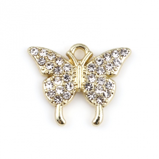 Picture of Zinc Based Alloy Insect Charms Butterfly Animal Gold Plated Micro Pave Clear Rhinestone 15mm x 12mm, 5 PCs