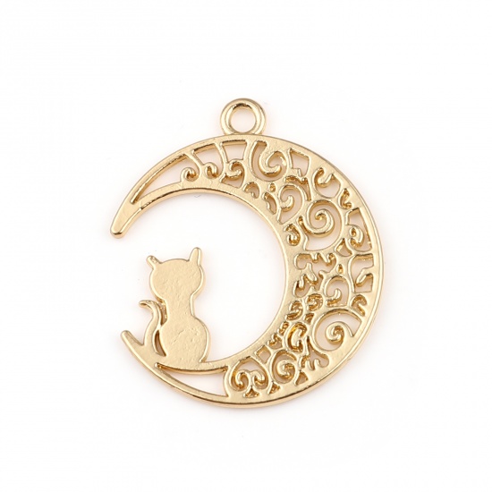 Picture of Zinc Based Alloy Galaxy Pendants Half Moon Gold Plated Cat 30mm x 25mm, 5 PCs