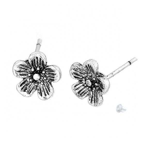 Picture of Earring Ear Post Stud Earrings Plum Blossom Flower Antique Silver W/ Stoppers 8mm( 3/8") x 8mm( 3/8"), Post/ Wire Size: (21 gauge), 2 PCs