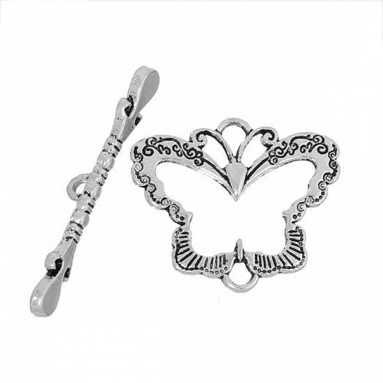Picture of Zinc Based Alloy Toggle Clasps Butterfly Antique Silver Color 38mm x 5mm 28mm x 24mm, 30 Sets