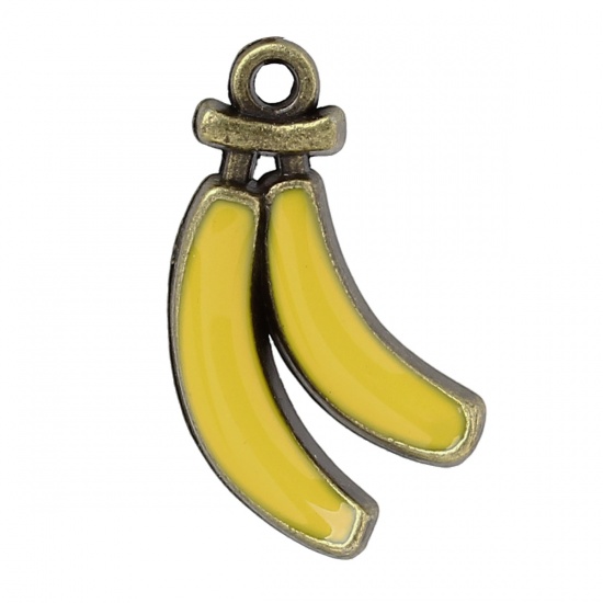 Picture of Zinc Based Alloy Charms Banana Fruit Antique Bronze Yellow Enamel 25mm(1") x 16mm( 5/8"), 10 PCs