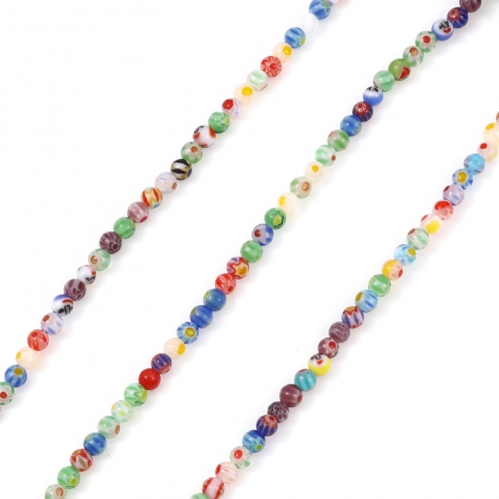 Bild von Muranoglas Millefiori-Perlen Rund Zufällig Mix Blumen ca 4mm D., Loch:ca. 0.9mm, 36cm lang, 1 Strang (ca. 99 Stücke/Strang)