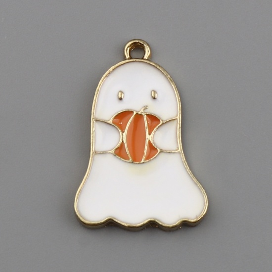 Picture of Zinc Based Alloy Charms Pumpkin Gold Plated White & Orange Halloween Ghost Enamel 22mm x 15mm, 10 PCs