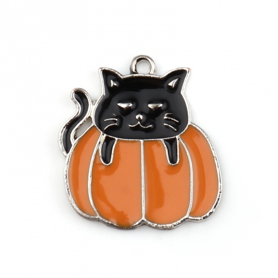 Picture of Zinc Based Alloy Charms Cat Animal Silver Tone Black & Orange Halloween Pumpkin Enamel 21mm x 20mm, 10 PCs