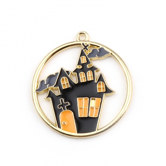 Picture of Zinc Based Alloy Halloween Charms Round Gold Plated Black & Orange Castle Enamel 24mm x 22mm, 5 PCs