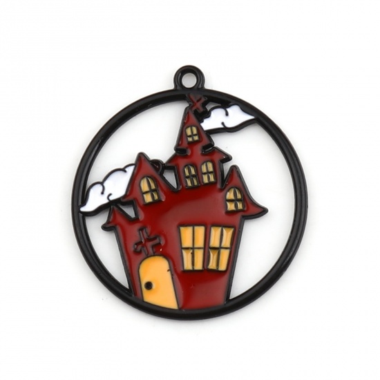 Picture of Zinc Based Alloy Halloween Charms Round Black & Red Castle Enamel 24mm x 22mm, 5 PCs