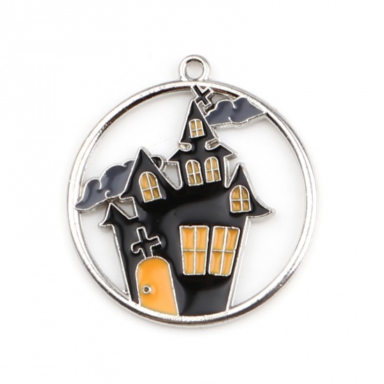 Picture of Zinc Based Alloy Halloween Charms Round Silver Tone Black & Orange Castle Enamel 24mm x 22mm, 5 PCs