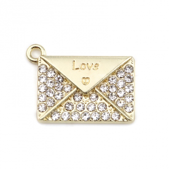 Picture of Zinc Based Alloy Charms Envelope Gold Plated Message " LOVE " Clear Rhinestone 20mm x 15mm, 5 PCs