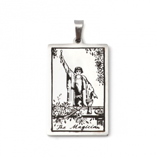 Picture of Stainless Steel Tarot Pendants With Pinch Clip Rectangle Silver Tone Message " THE MAGICIAN " 46mm x 24mm, 1 Piece