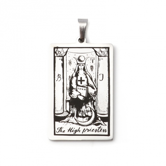 Picture of Stainless Steel Tarot Pendants With Pinch Clip Rectangle Silver Tone Message " THE HIGH PRIESTESS " 46mm x 24mm, 1 Piece