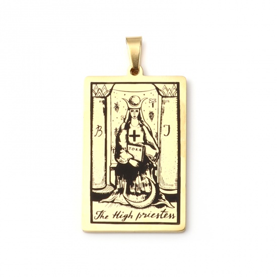 Picture of Stainless Steel Tarot Pendants With Pinch Clip Rectangle Gold Plated Message " THE HIGH PRIESTESS " 46mm x 24mm, 1 Piece