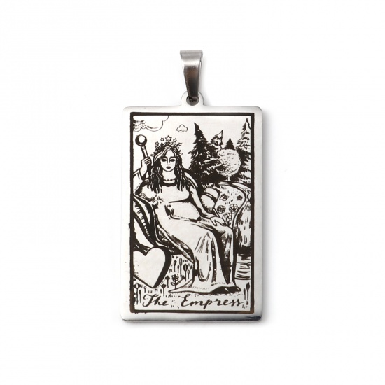 Picture of Stainless Steel Tarot Pendants With Pinch Clip Rectangle Silver Tone Message " THE EMPRESS " 46mm x 24mm, 1 Piece