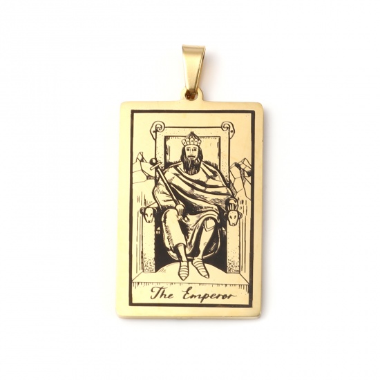 Picture of Stainless Steel Tarot Pendants With Pinch Clip Rectangle Gold Plated Message " THE EMPEROR " 46mm x 24mm, 1 Piece