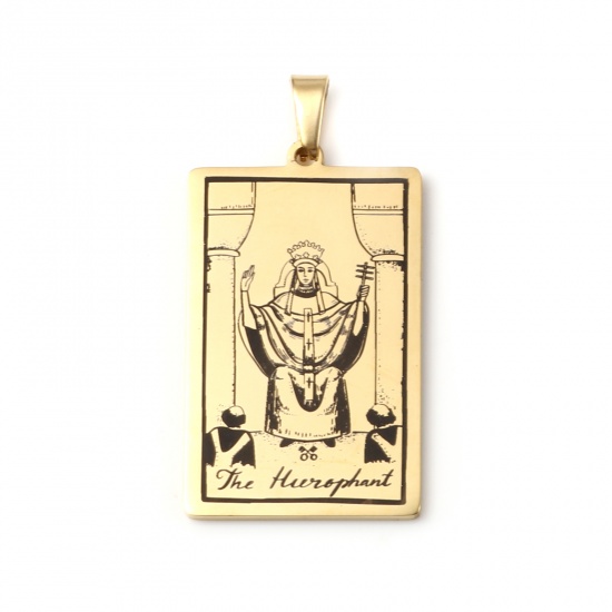 Picture of Stainless Steel Tarot Pendants With Pinch Clip Rectangle Gold Plated Message " THE HIEROPHANT " 46mm x 24mm, 1 Piece