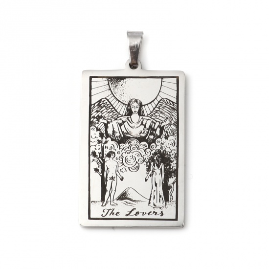 Picture of Stainless Steel Tarot Pendants With Pinch Clip Rectangle Silver Tone Message " THE LOVERS " 46mm x 24mm, 1 Piece
