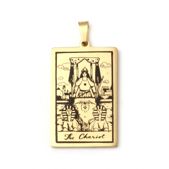 Picture of Stainless Steel Tarot Pendants With Pinch Clip Rectangle Gold Plated Message " THE CHARIOT " 46mm x 24mm, 1 Piece