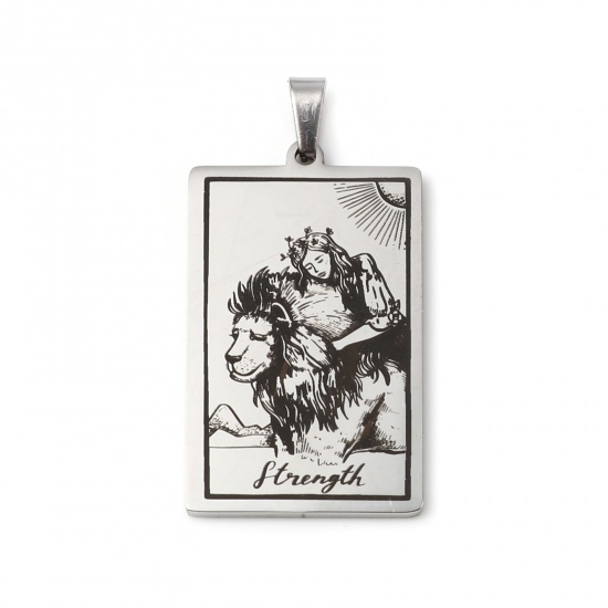 Picture of Stainless Steel Tarot Pendants With Pinch Clip Rectangle Silver Tone Message " STRENGTH " 46mm x 24mm, 1 Piece
