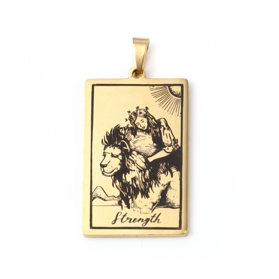 Picture of Stainless Steel Tarot Pendants With Pinch Clip Rectangle Gold Plated Message " STRENGTH " 46mm x 24mm, 1 Piece