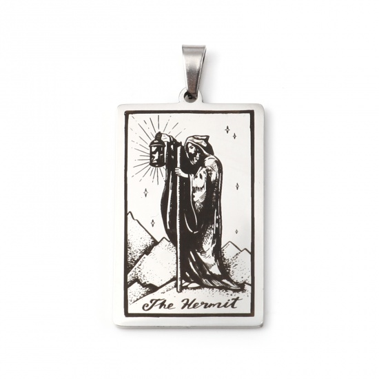 Picture of Stainless Steel Tarot Pendants With Pinch Clip Rectangle Silver Tone Message " THE HERMIT " 46mm x 24mm, 1 Piece