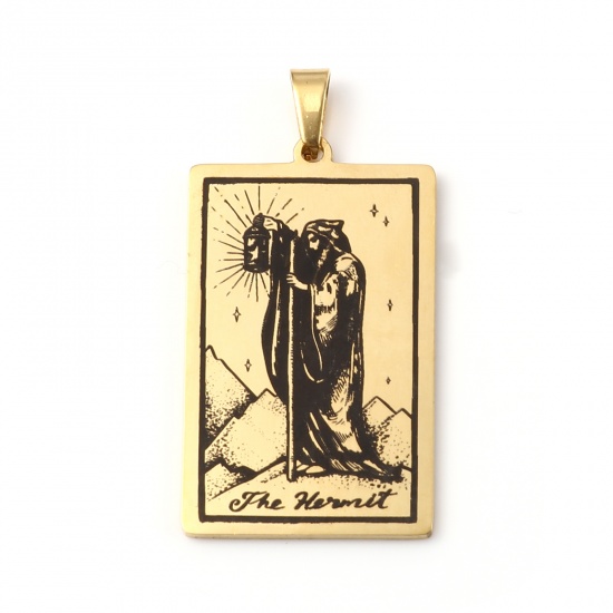 Picture of Stainless Steel Tarot Pendants With Pinch Clip Rectangle Gold Plated Message " THE HERMIT " 46mm x 24mm, 1 Piece