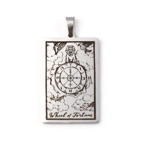Picture of Stainless Steel Tarot Pendants With Pinch Clip Rectangle Silver Tone Message " WHEEL FORTUNE " 46mm x 24mm, 1 Piece