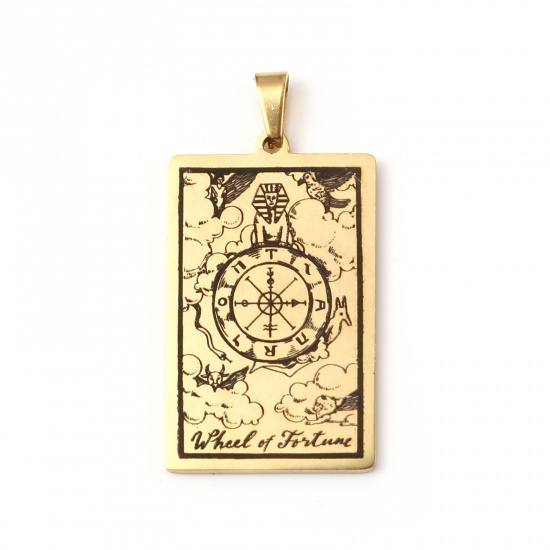 Picture of Stainless Steel Tarot Pendants With Pinch Clip Rectangle Gold Plated Message " WHEEL FORTUNE " 46mm x 24mm, 1 Piece