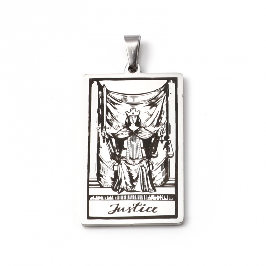 Picture of Stainless Steel Tarot Pendants With Pinch Clip Rectangle Silver Tone Message " JUSTICE " 46mm x 24mm, 1 Piece