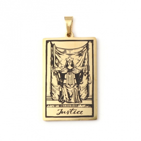 Picture of Stainless Steel Tarot Pendants With Pinch Clip Rectangle Gold Plated Message " JUSTICE " 46mm x 24mm, 1 Piece